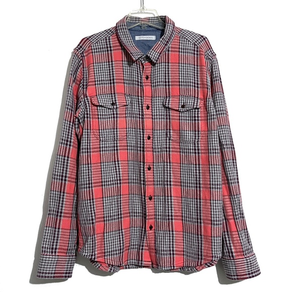 OUTERKNOWN Organic Cotton Blanket Shirt Bright Coral Graph Plaid